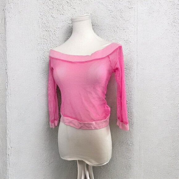Y2K vintage Chesley Vibrant Pink Mesh Top fish net off the shoulder rave m - Picture 1 of 5